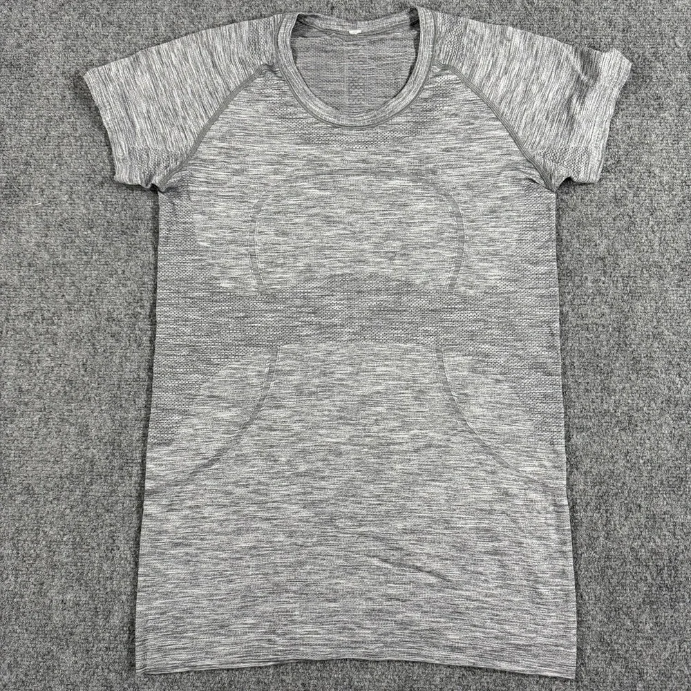 Lululemon Swiftly Tech Shirt Womens 10 Gray Peleton Logo Spellout Gym Train
